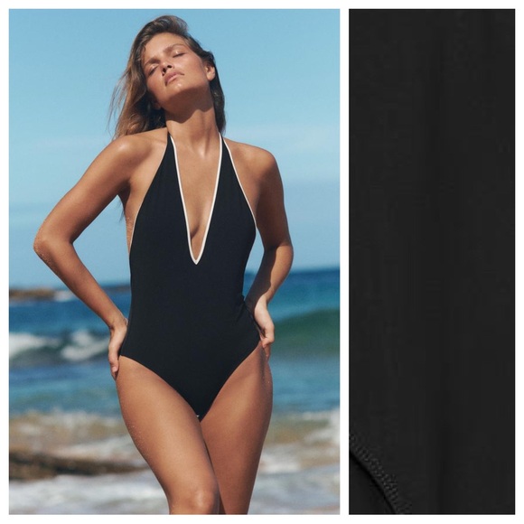 NWT. Zara Black/White Contrast Halterneck Swimsuit. Size S.